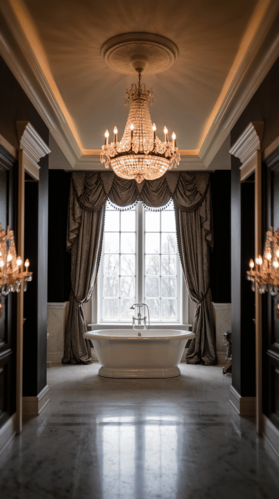 Crystal chandelier adding glamour to luxurious moody bathroom decor scheme