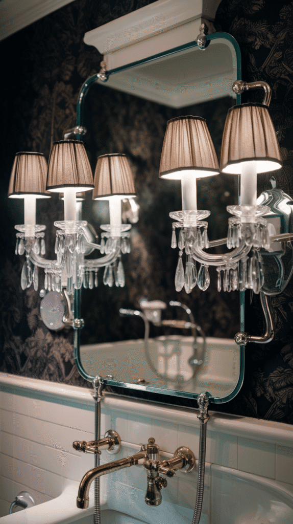 Wall sconces providing ambient lighting for intimate moody bathroom decor atmosphere
