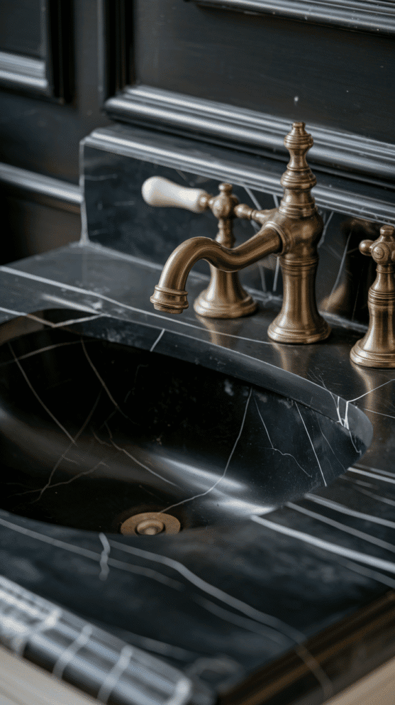 Black marble vanity top with white veining elevating luxury moody bathroom decor