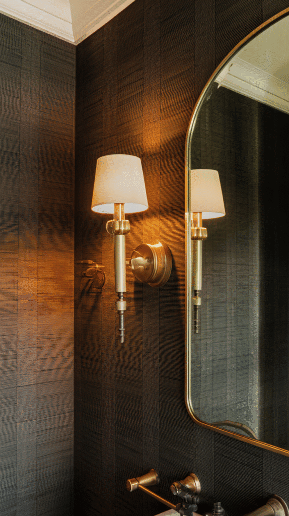 Textured wallpaper adding depth and sophistication to moody bathroom decor design