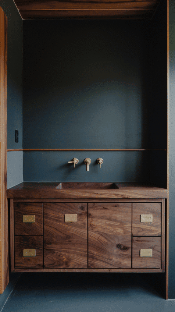 Dark wood vanity providing natural warmth in contemporary moody bathroom decor