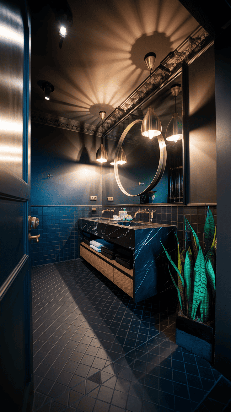 Luxurious bathroom featuring charcoal walls, brass fixtures, and geometric tiles showcasing 15 moody bathroom decor ideas