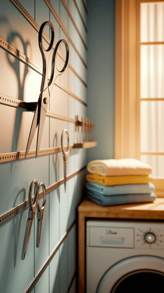 Creative narrow Laundry Room ideas with magnetic storage for organizing small tools.