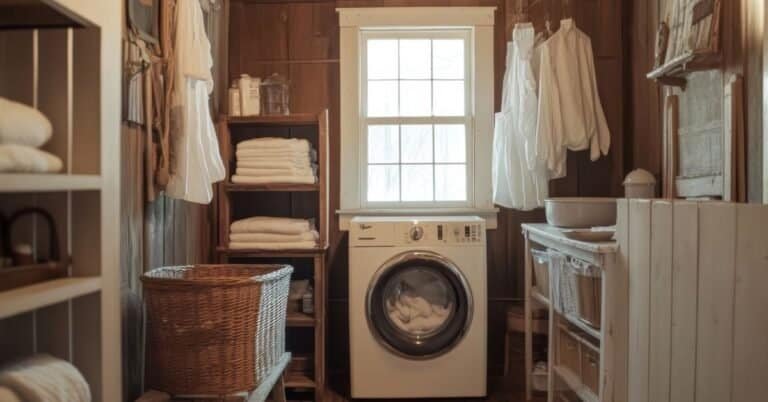 narrow Laundry Room ideas - Charming Vintage Laundry Room with Wooden Accents