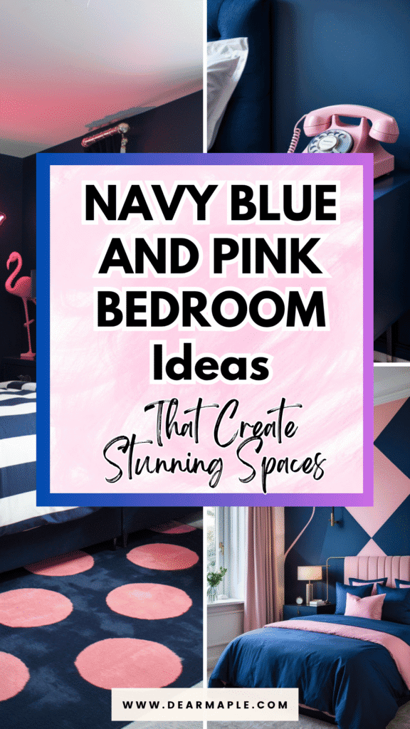 Pinterest pin of navy blue and pink bedroom