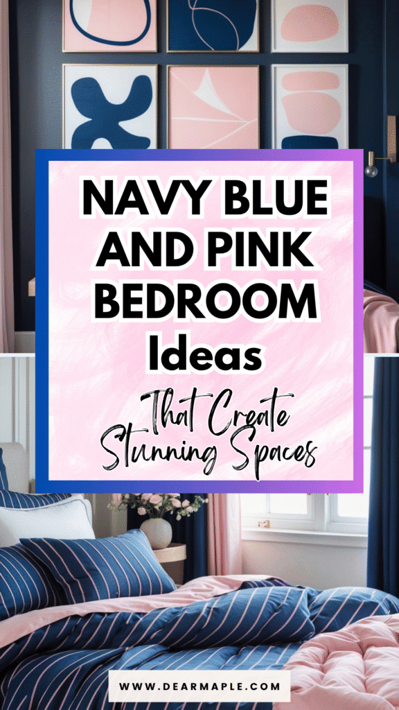 Pinterest pin of navy blue and pink bedroom