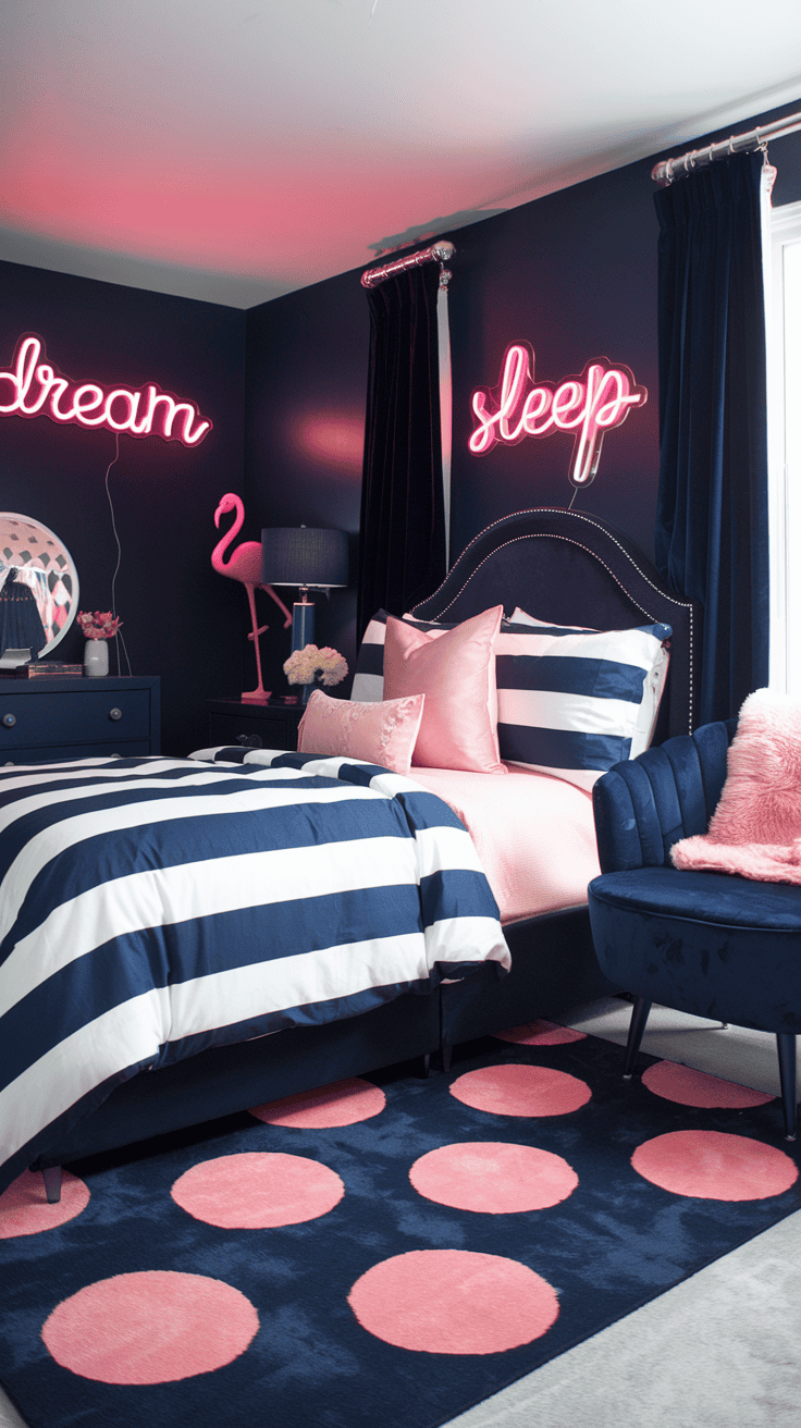 A navy blue and pink bedroom featuring navy blue walls with pink neon signs, navy velvet curtains with blush pink throw pillows, and striped navy and pink bedding. The room includes a navy blue accent chair with a pink fuzzy blanket, a pink flamingo lamp on a navy dresser, and a navy blue rug with pink polka dots. The bedroom combines bold elegance with soft charm. Main keyword: navy blue and pink bedroom.
