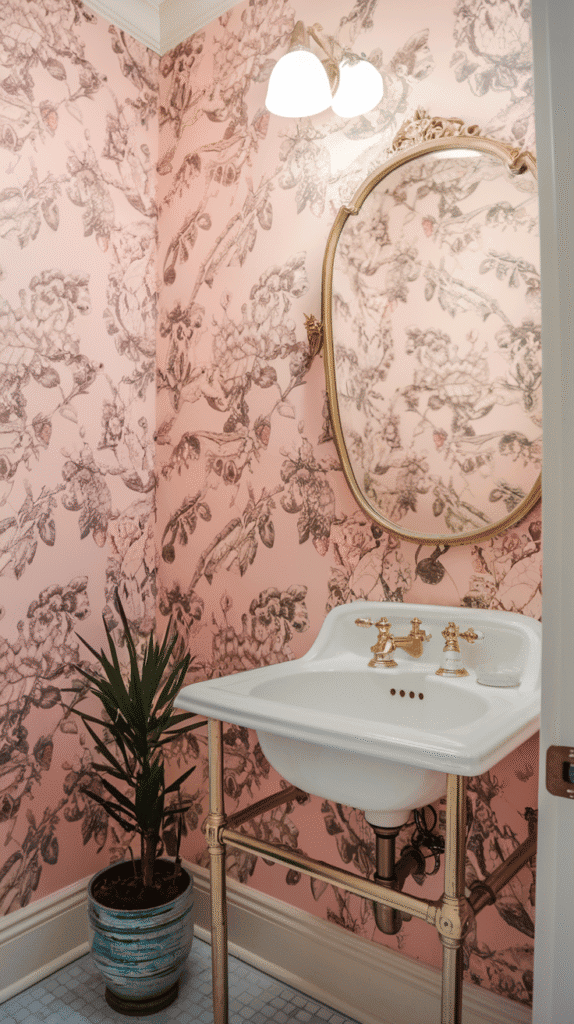 floral wallpaper with pink tones – pink bathroom decor
