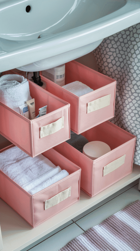 pink storage solutions – pink bathroom decor
