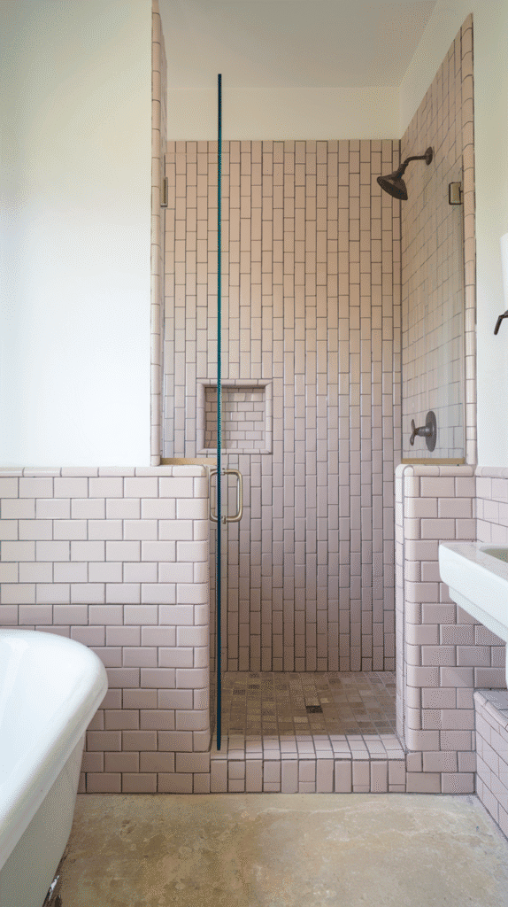 blush pink shower tiles – pink bathroom decor