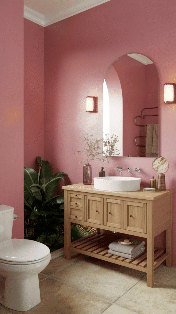 pink and wood combo – pink bathroom decor