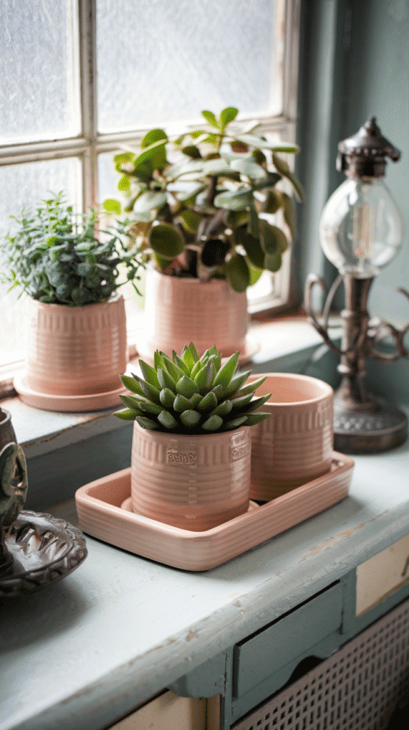 plants in pink pots – pink bathroom decor