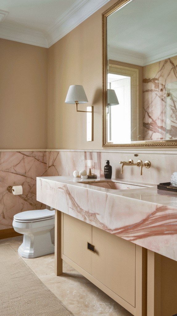 pink veined marble vanity – pink bathroom decor
