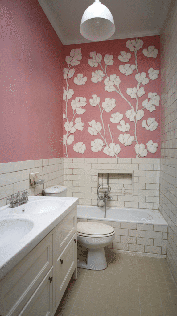 pink accent wall styling – pink bathroom decor