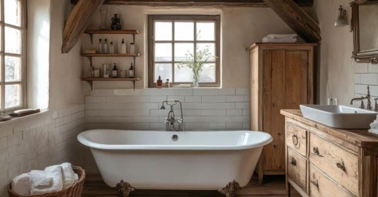 rustic small bathroom ideas - Interior of rustic bathroom featuring clawfoot tub and wooden accents