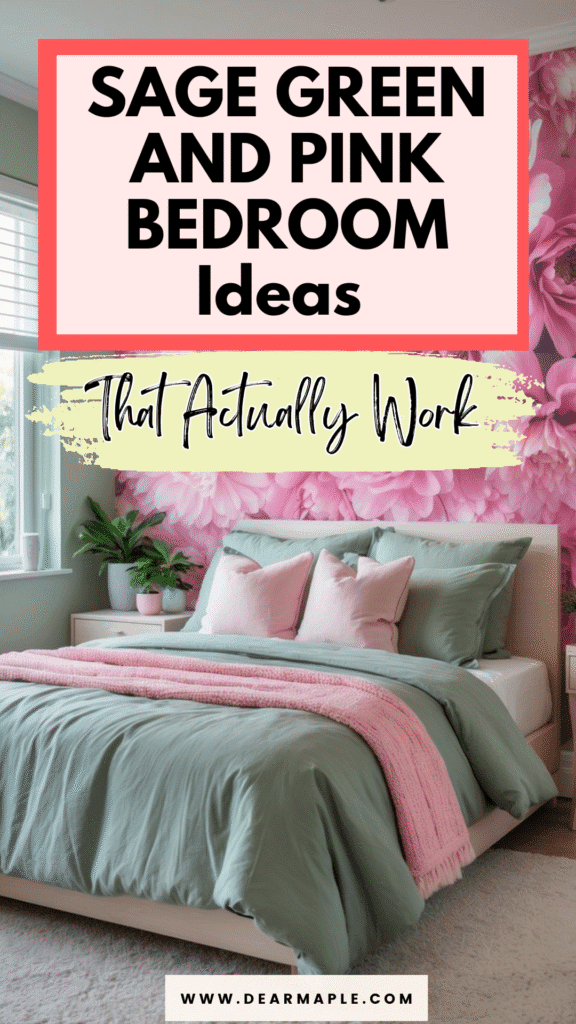 Pinterest pin of sage green and pink bedroom