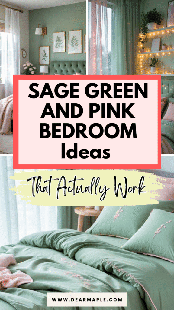 Pinterest pin of sage green and pink bedroom