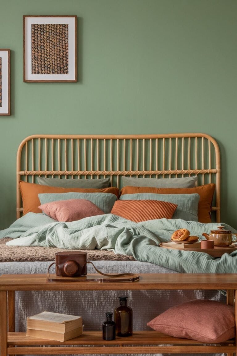 sage green and pink bedroom - Stylish bedroom interior design with mock up poster frame, bamboo bed, night table, plants, folding screen and creative home accessories. Eucalyptus wall.