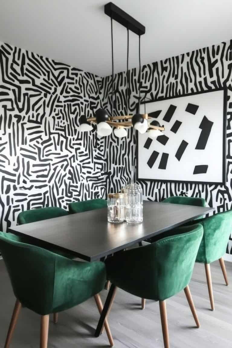 small Dining Room Wall Decor Ideas-Modern dining area featuring bold wall art and stylish green chairs in a contemporary home