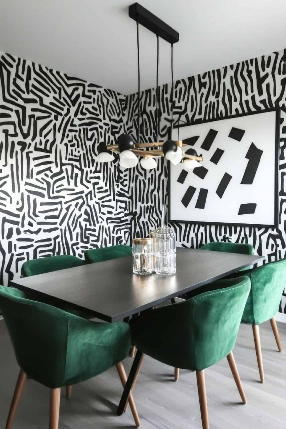 small Dining Room Wall Decor Ideas-Modern dining area featuring bold wall art and stylish green chairs in a contemporary home