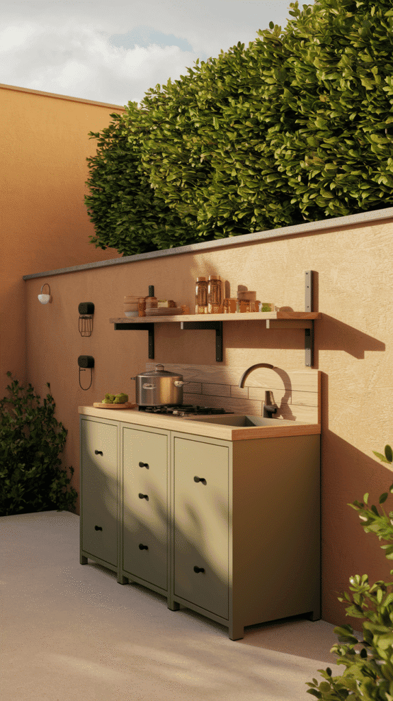 A small outdoor kitchen design featuring a wall-mounted foldable counter and shelves.