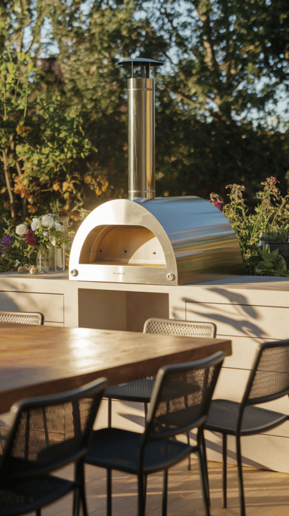 A small outdoor kitchen design highlighting a high-end pizza oven.