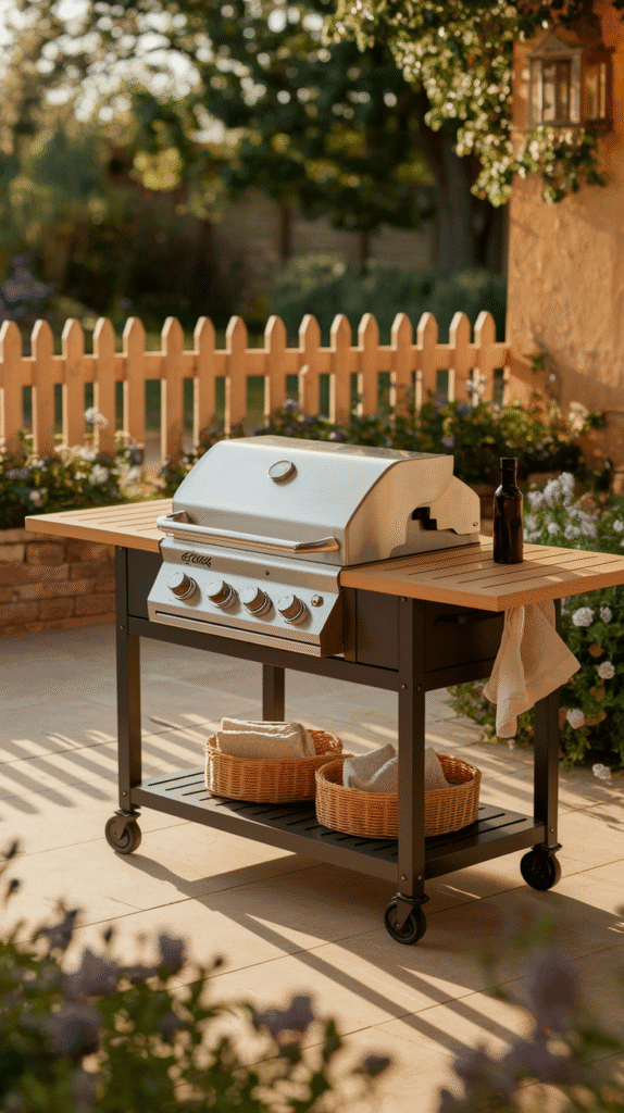 A small outdoor kitchen design showcasing a mobile cooking cart with grill and storage.