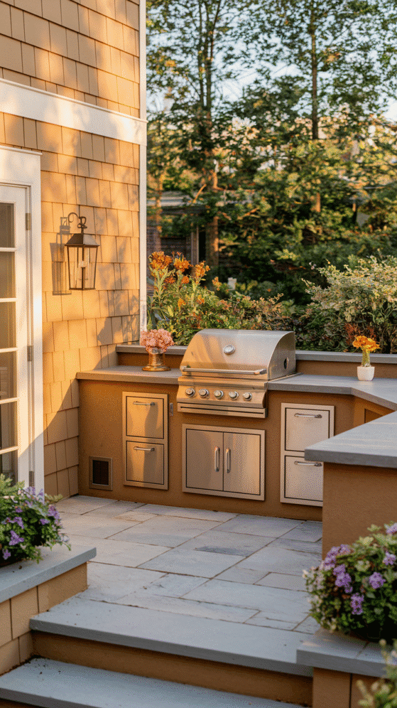 A small outdoor kitchen design using multiple levels for grill and countertop on a small patio.