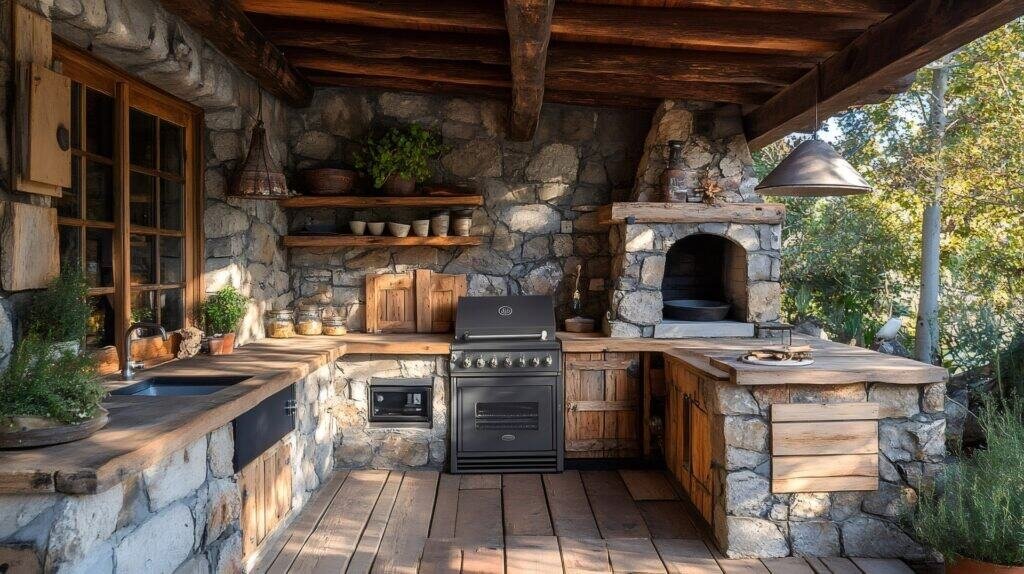 A small outdoor kitchen design featuring a combined cooking area and built-in bench seating.