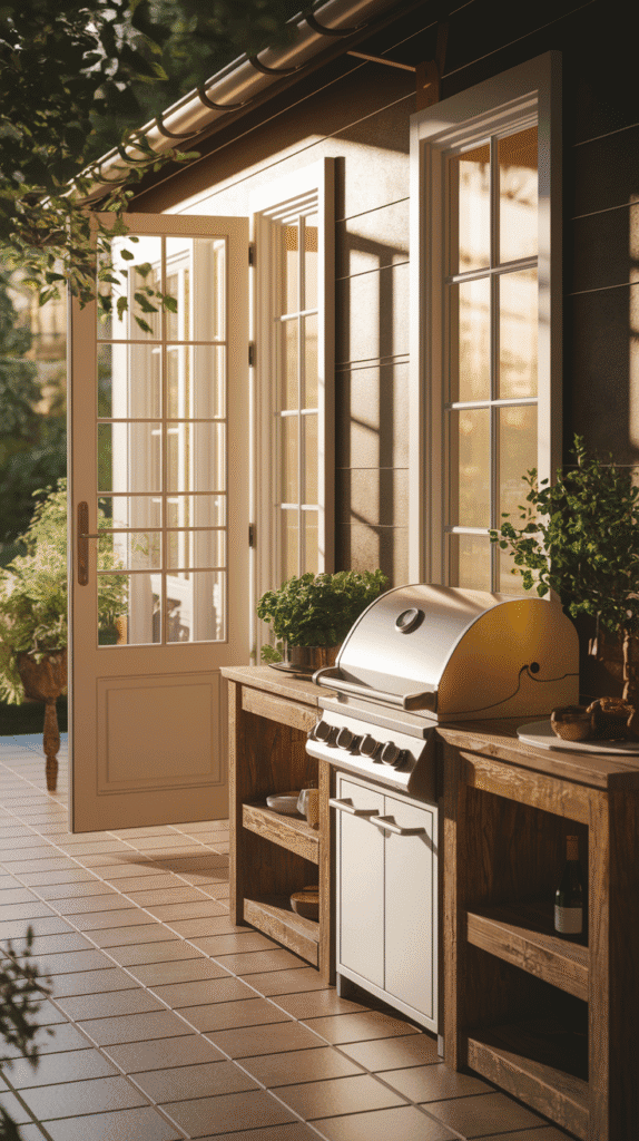 A small outdoor kitchen design connected to indoor space with wide French doors.