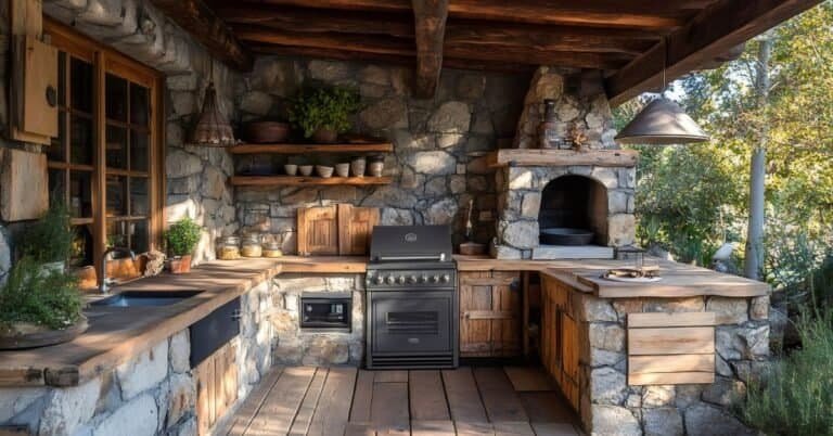 small outdoor kitchen design - Outdoor rustic kitchen embracing nature's charm in a cozy setting