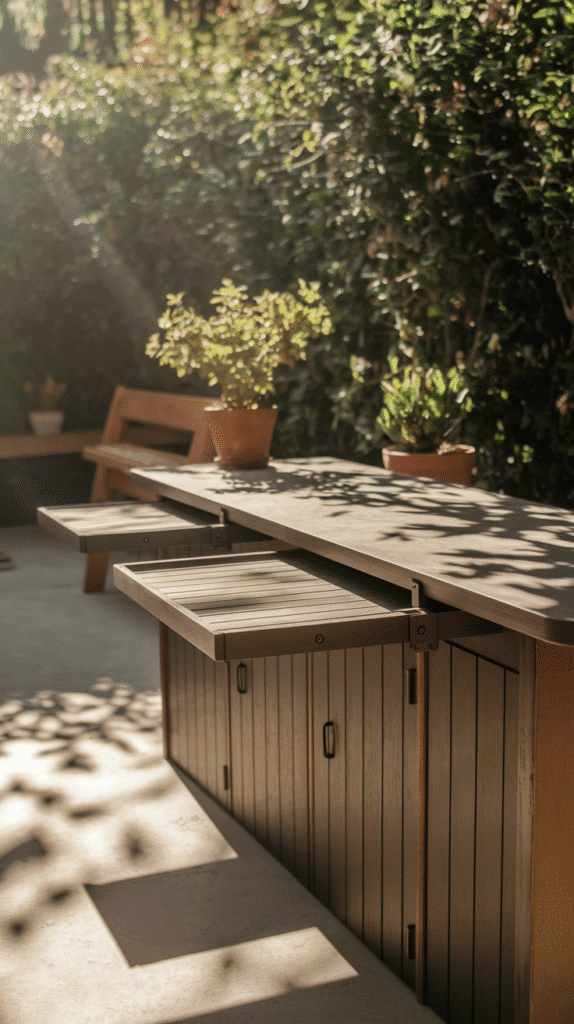 A small outdoor kitchen design with transforming countertops for multiple uses.