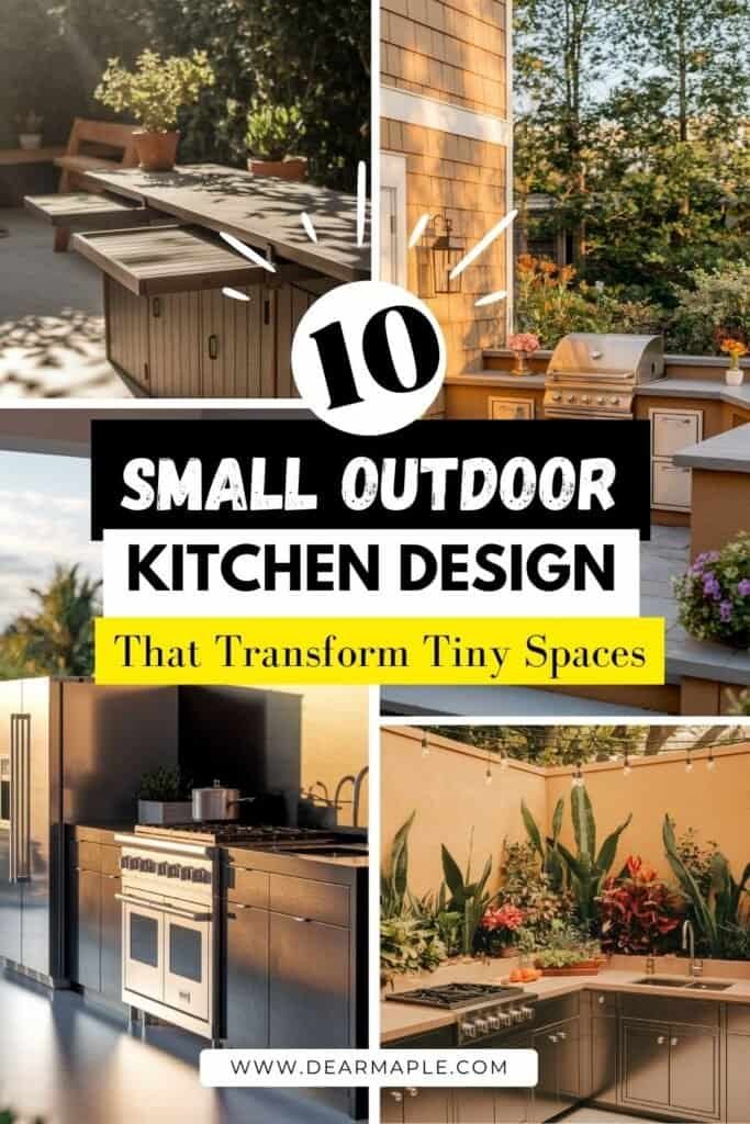 Pinterest pin of small outdoor kitchen design
