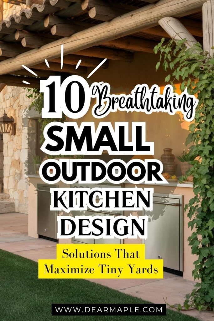 Pinterest pin of small outdoor kitchen design