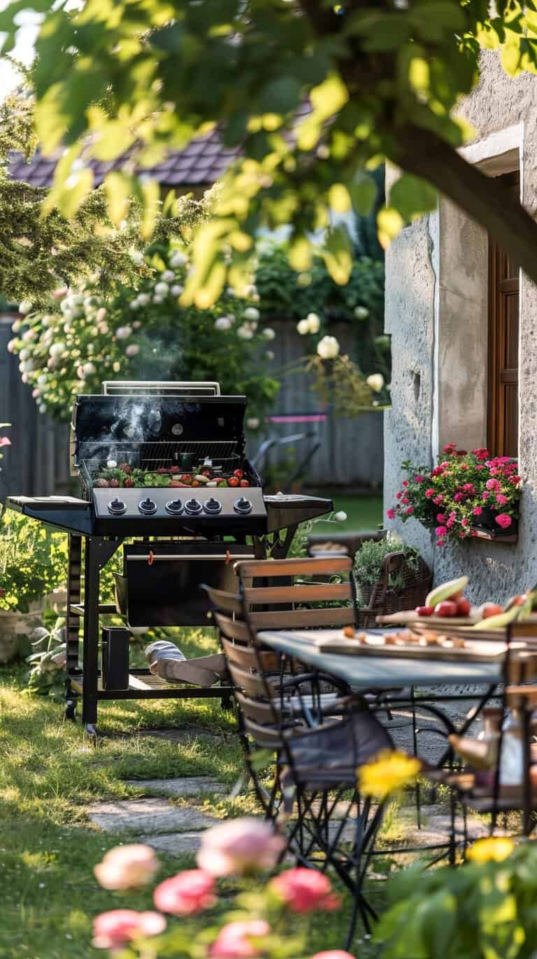 small outdoor kitchen ideas-Backyard garden BBQ setup with blooming flowers