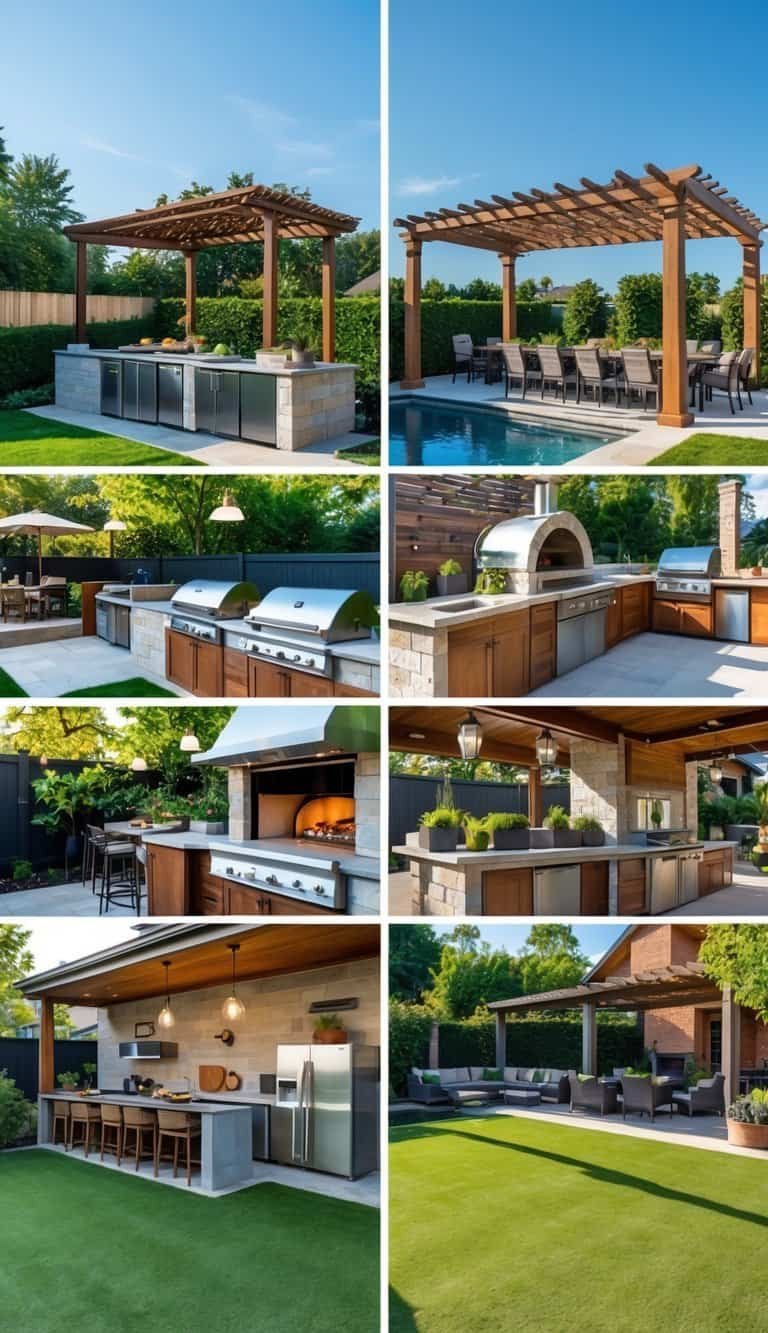 A backyard with multiple outdoor kitchen setups including grills, countertops, seating areas, and greenery under a sunny sky.