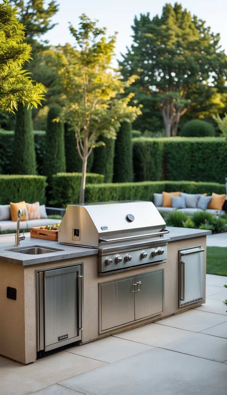 A backyard outdoor kitchen with a built-in stainless steel grill station, stone countertops, seating area, and greenery in the background.