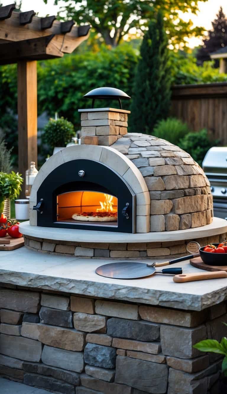 Outdoor pizza oven with stone hearth in a backyard kitchen surrounded by greenery.