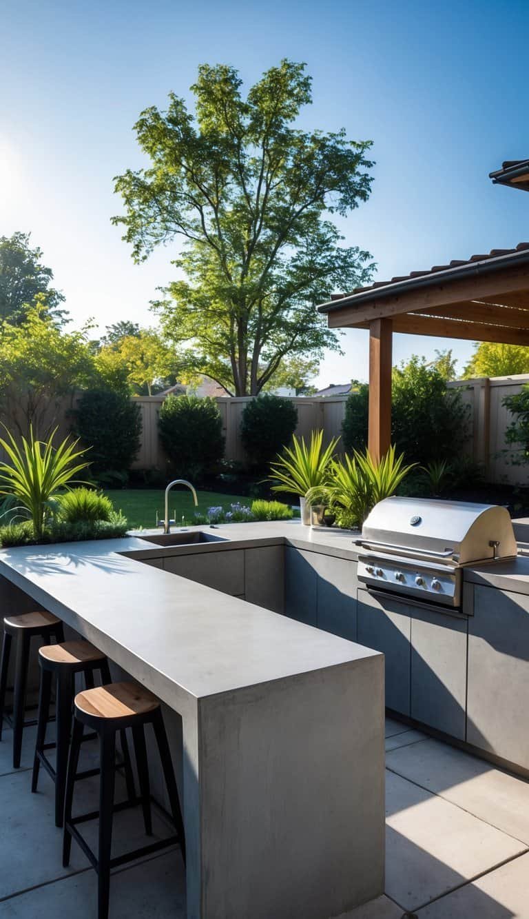 Backyard outdoor kitchen with L-shaped concrete countertops, grill, bar stools, and surrounding greenery.