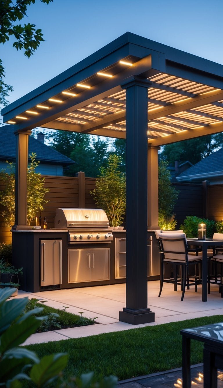 Backyard with a pergola featuring integrated lighting over an outdoor kitchen with grill, countertop, and seating surrounded by plants.