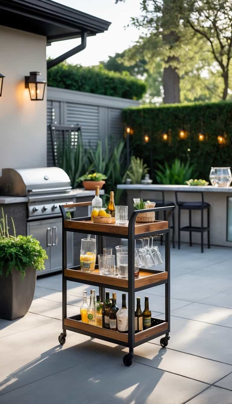 A freestanding bar cart with storage in a backyard outdoor kitchen surrounded by greenery, a grill, and seating.