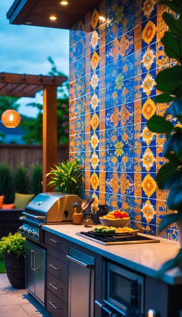 Backyard outdoor kitchen with a colorful tile mosaic backsplash wall, grill, countertop, and surrounding greenery.