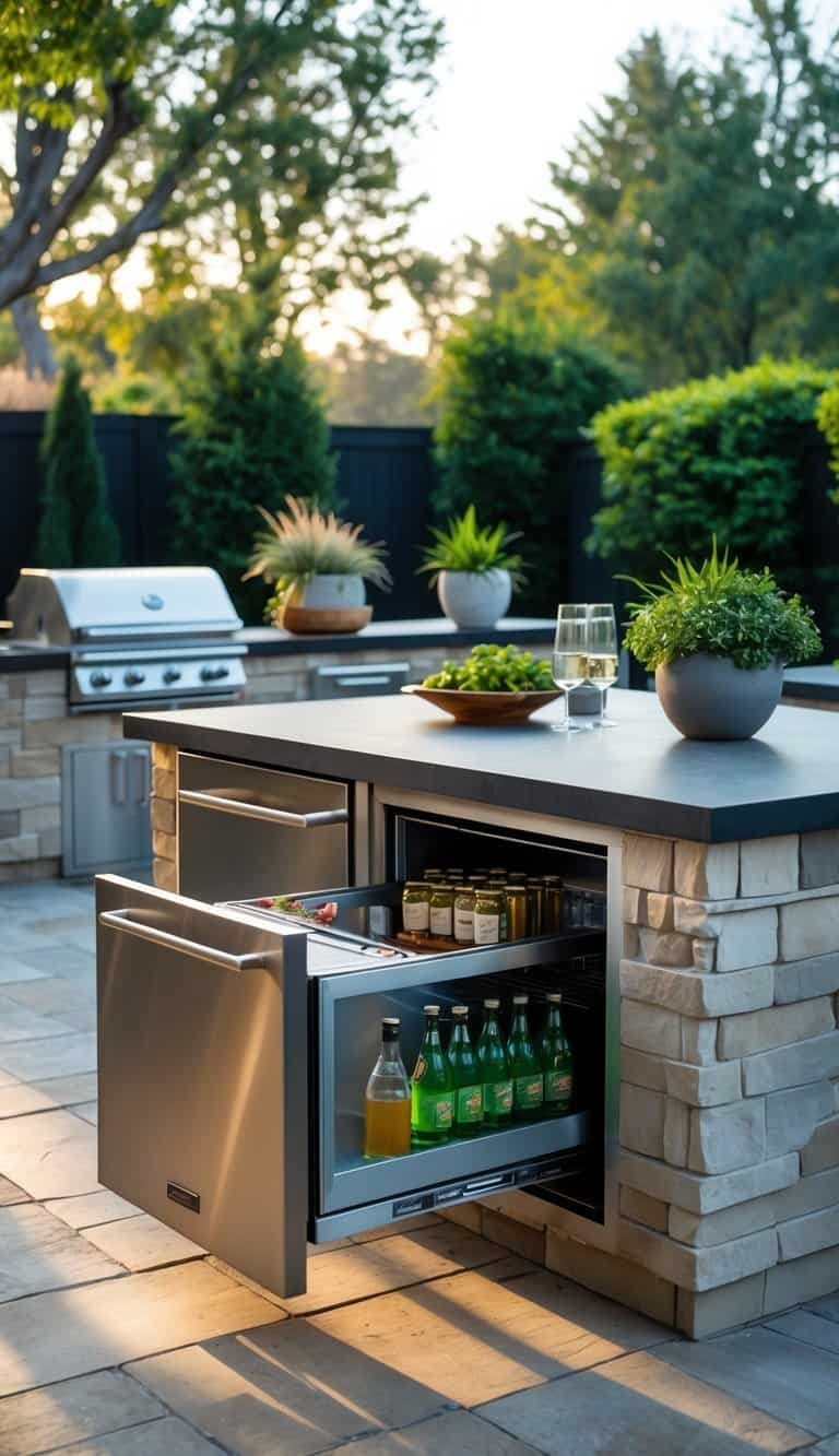 Backyard outdoor kitchen with a weatherproof refrigerator drawer integrated into the countertop surrounded by greenery and seating.