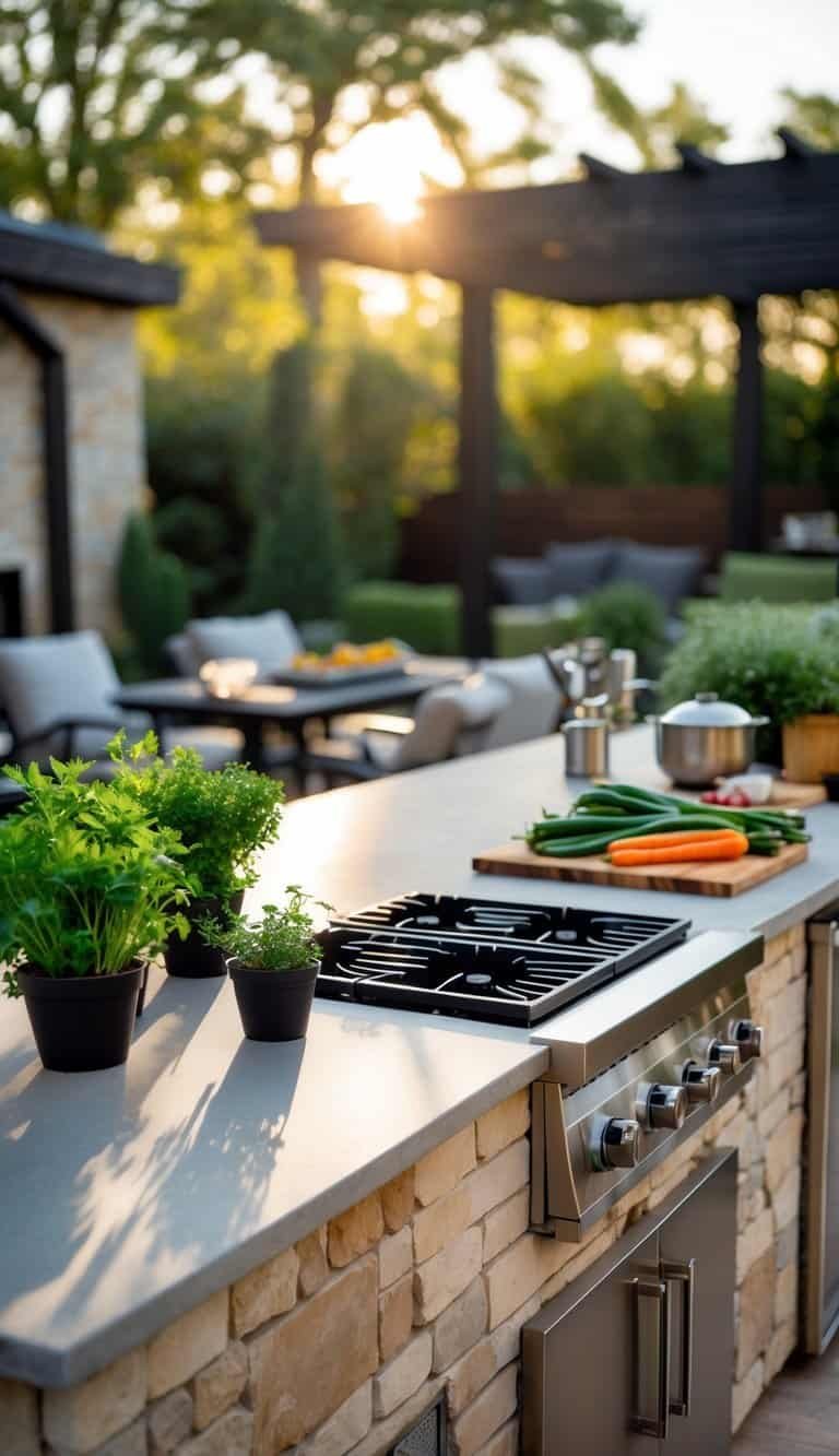 A backyard outdoor kitchen with a dual-burner side burner, stone countertop, plants, and seating area in natural light.