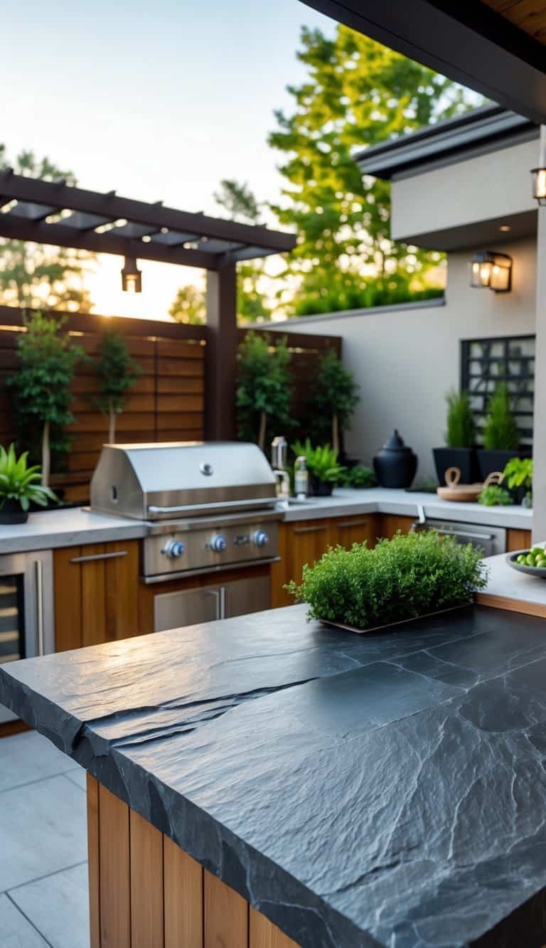 Backyard outdoor kitchen with a custom slate serving counter, built-in grill, seating area, and greenery.