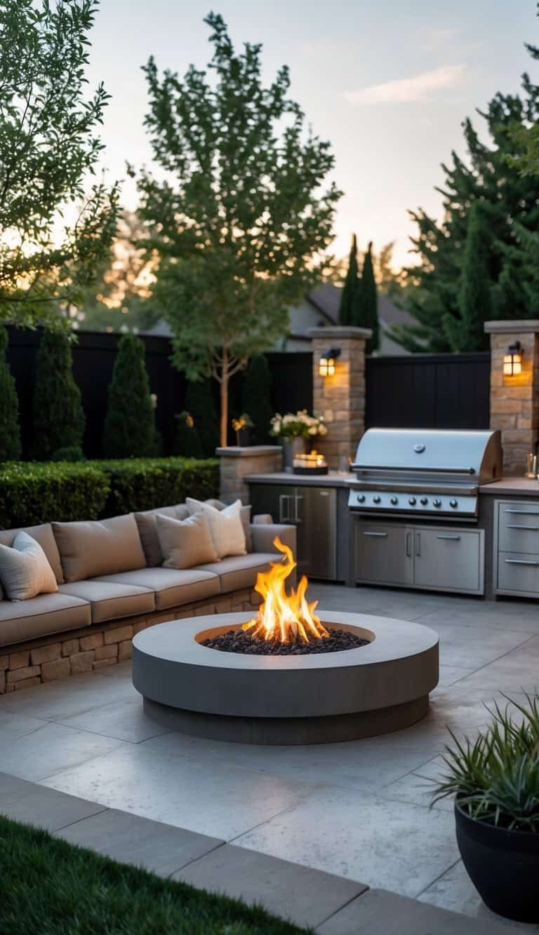 Backyard outdoor kitchen with an in-ground fire pit surrounded by cushioned seating and greenery.