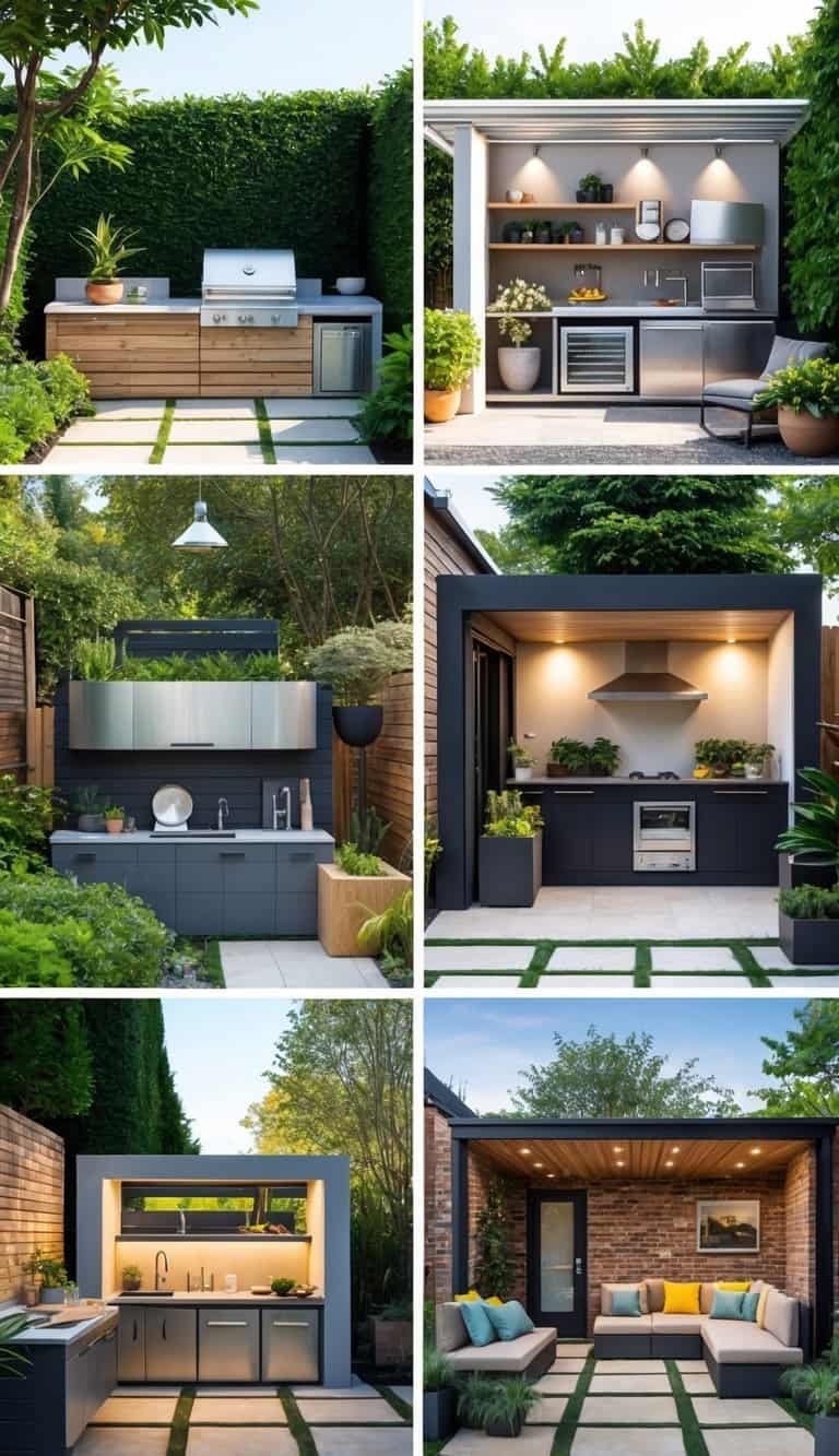 small outdoor kitchen ideas- Ten different small outdoor kitchen setups arranged in a backyard with grills, countertops, sinks, and seating areas surrounded by plants.