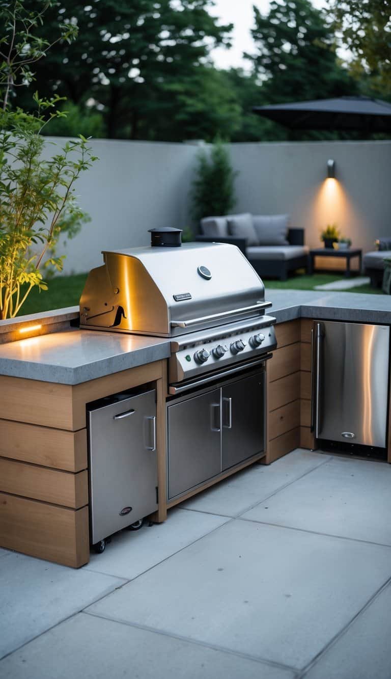 small outdoor kitchen ideas-Compact L-shaped outdoor grill station with countertops and storage in a small backyard kitchen setup.