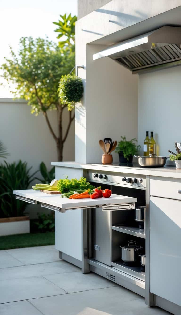 small outdoor kitchen ideas-A small outdoor kitchen with a fold-down prep table holding vegetables and cooking utensils in a bright backyard setting.