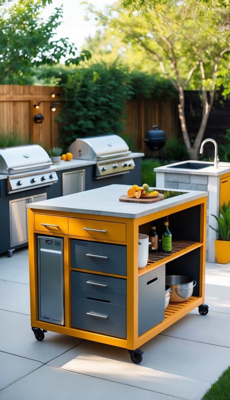 small outdoor kitchen ideas-An outdoor kitchen area featuring a rolling island with storage surrounded by several small outdoor kitchen setups in a backyard setting.